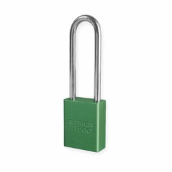 American Lock A1107GRN Safety Padlock, Different Key, Green, Anodized Aluminum Body, 1/4 in Dia x 3 in H x 25/32 in W Polished Chrome Boron Alloy Steel Shackle, Conductive Conductivity