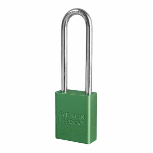 American Lock A1107KAGRN Safety Padlock, Alike Key, Green, Anodized Aluminum Body, 1/4 in Dia x 3 in H x 25/32 in W Polished Chrome Boron Alloy Steel Shackle, Conductive Conductivity