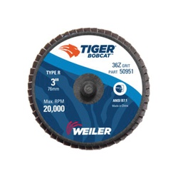 BobCat 50951 Type R Close Mini Standard Density Coated Abrasive Flap Disc, 3 in Dia, 36 Grit, Coarse Grade, Zirconia Alumina Abrasive, Type 29/Conical Disc