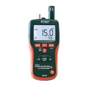 Extech MO290-NISTL 8-in-1 Non-Penetrating Pinless Moisture Psychrometer With Memory and IR Thermometer, 6 to 99.9% Pinless/0 to 99.9% Pin Moisture Content, 3/4 Digit Digital LCD Display, Alkaline Battery