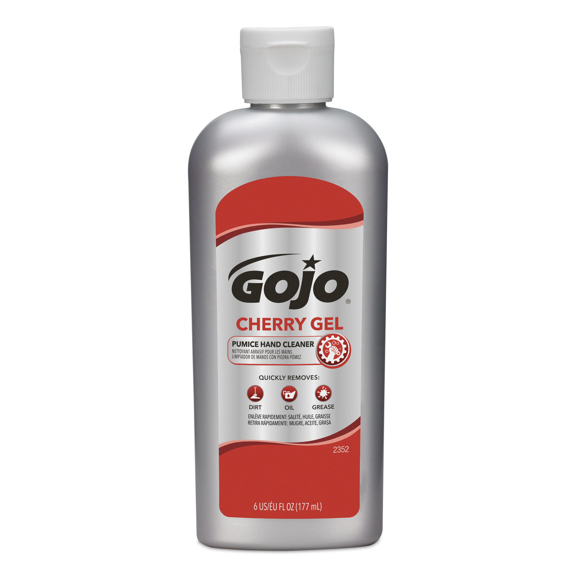 GOJO 2352-15 Pumice Hand Cleaner With Pumice Scrubbers, 6 fl-oz, Bottle, Gel, Cherry, Translucent Red