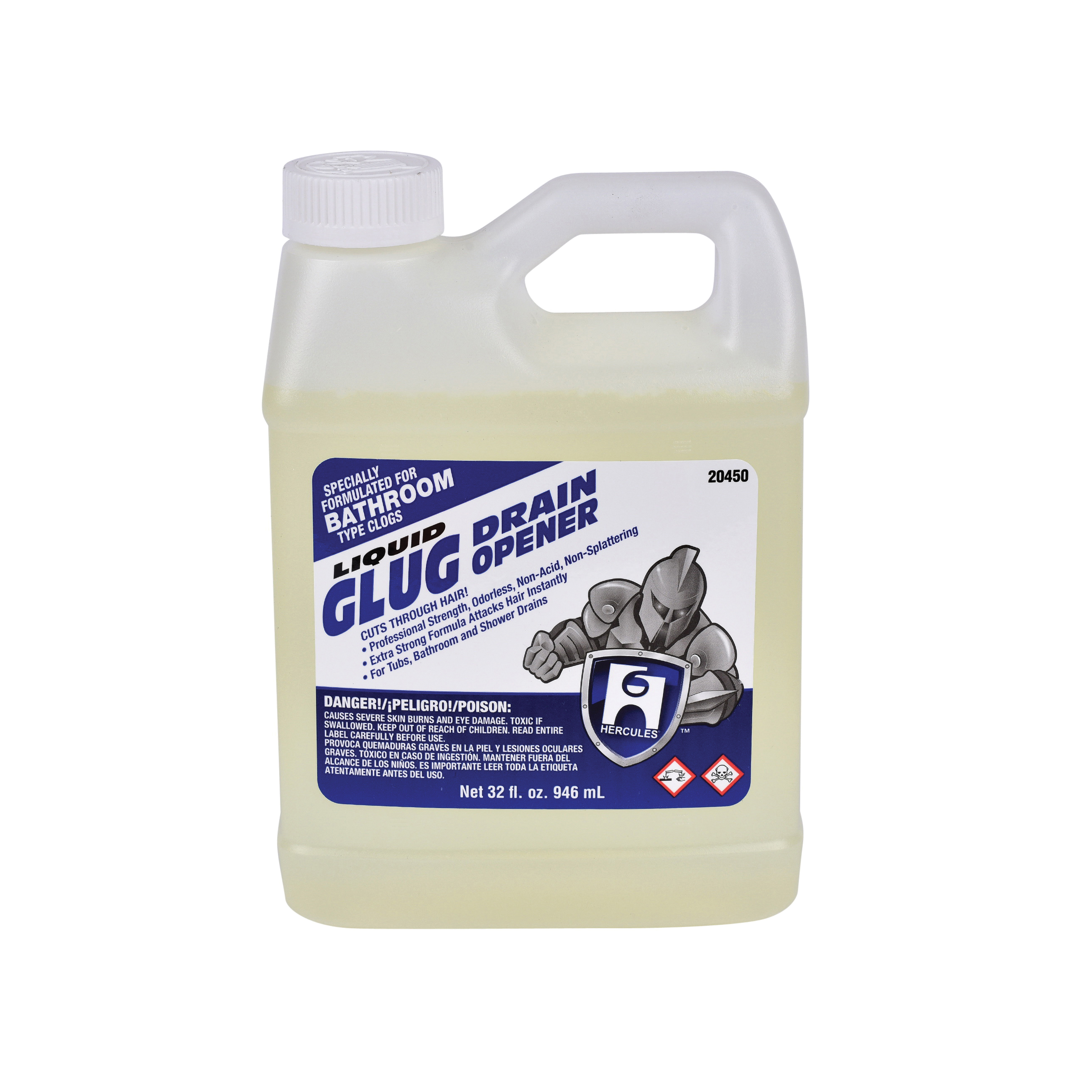 Hercules Glug 20450 Drain Opener, 1 qt, Chlorine Odor/Scent, Clear, Liquid Form