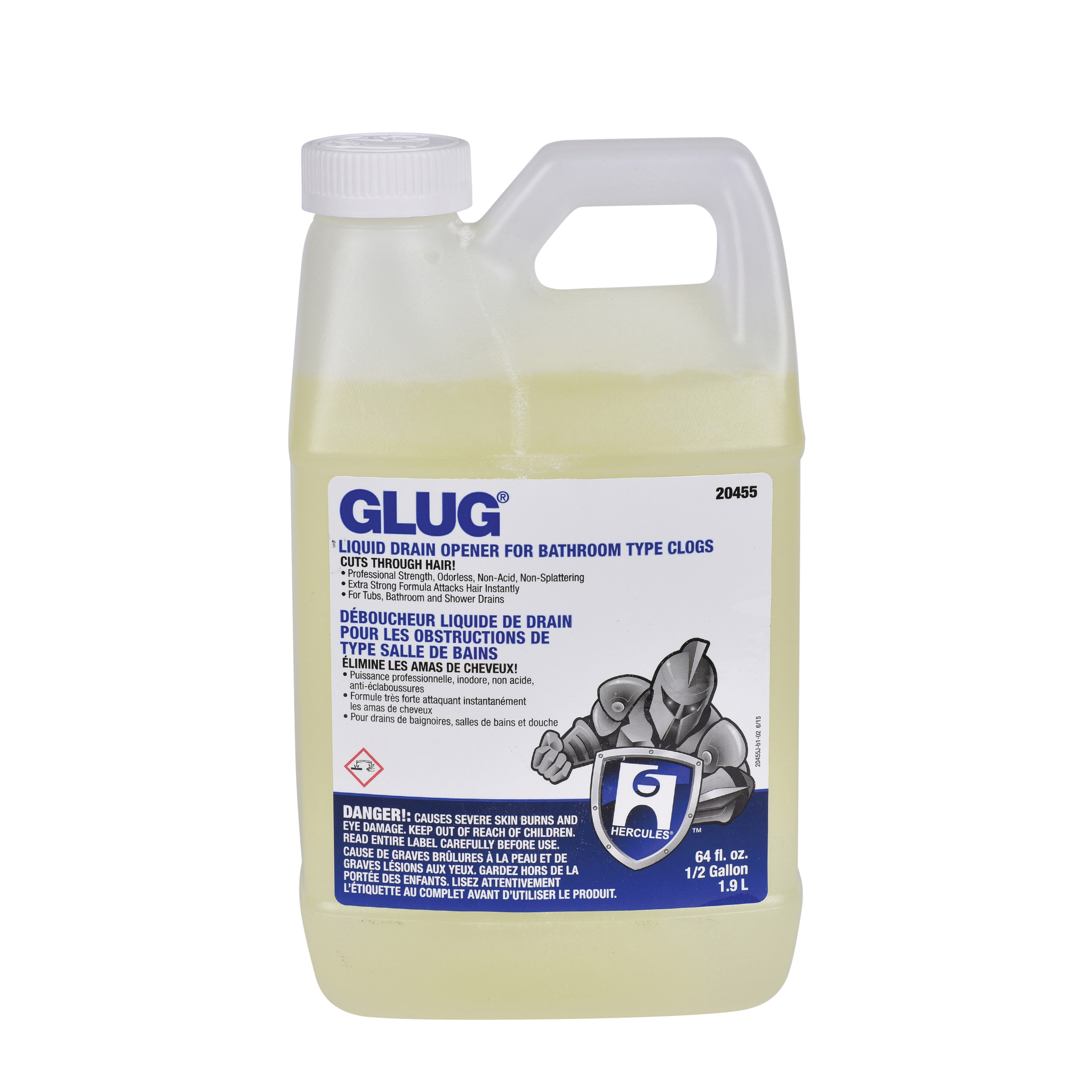 Hercules Glug 20455 Liquid Drain Opener, 64 oz, Chlorine Odor/Scent, Clear, Liquid Form
