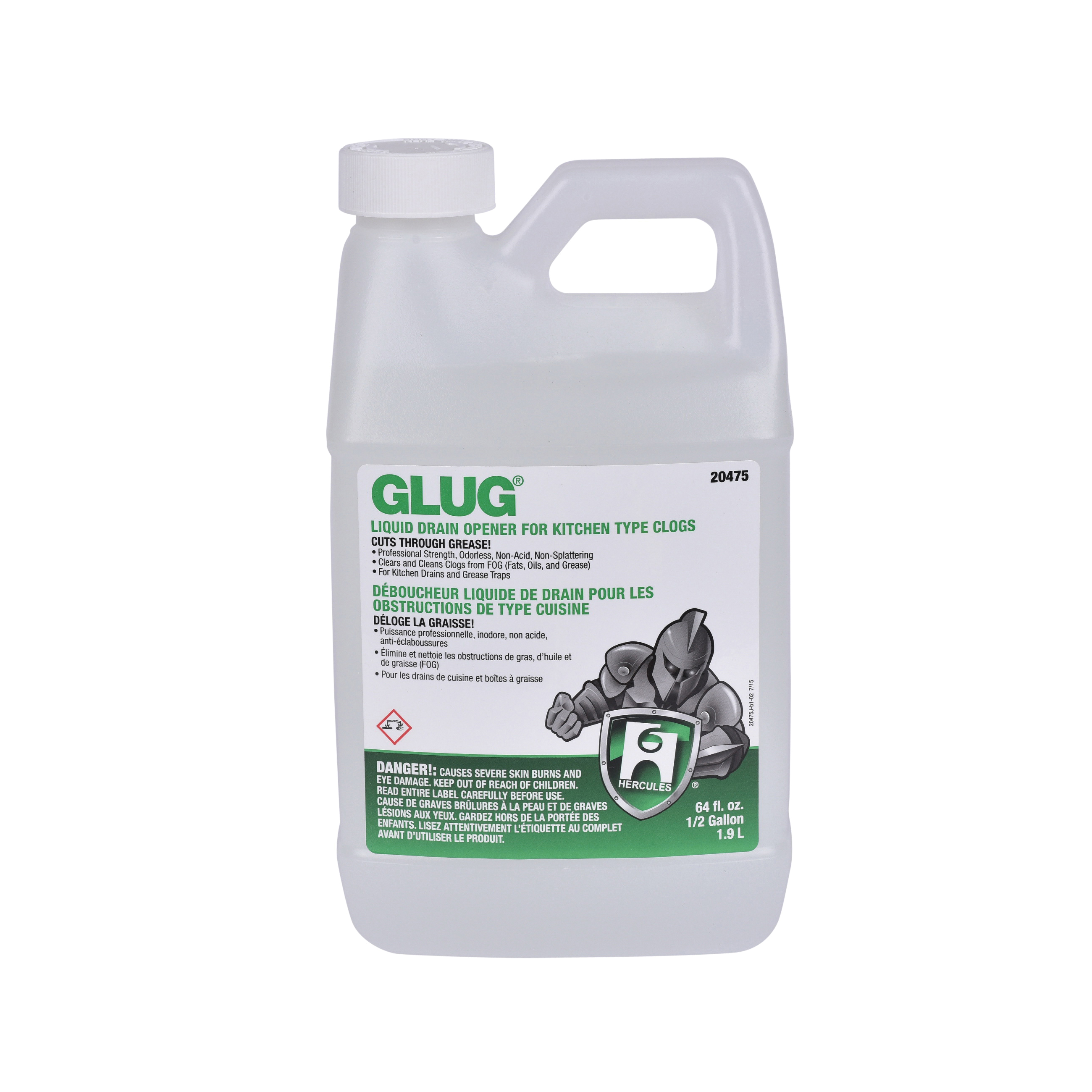 Hercules Glug 20475 Drain Cleaner, 0.5 gal, Chlorine Odor/Scent, Clear, Liquid Form