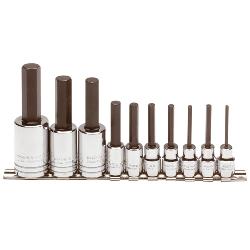 Proto J4900AC Socket Bit Set, 1/8 to 5/8 in Hex, 3/8 in, 1/2 in Drive, 10 Pieces, Polished Chrome