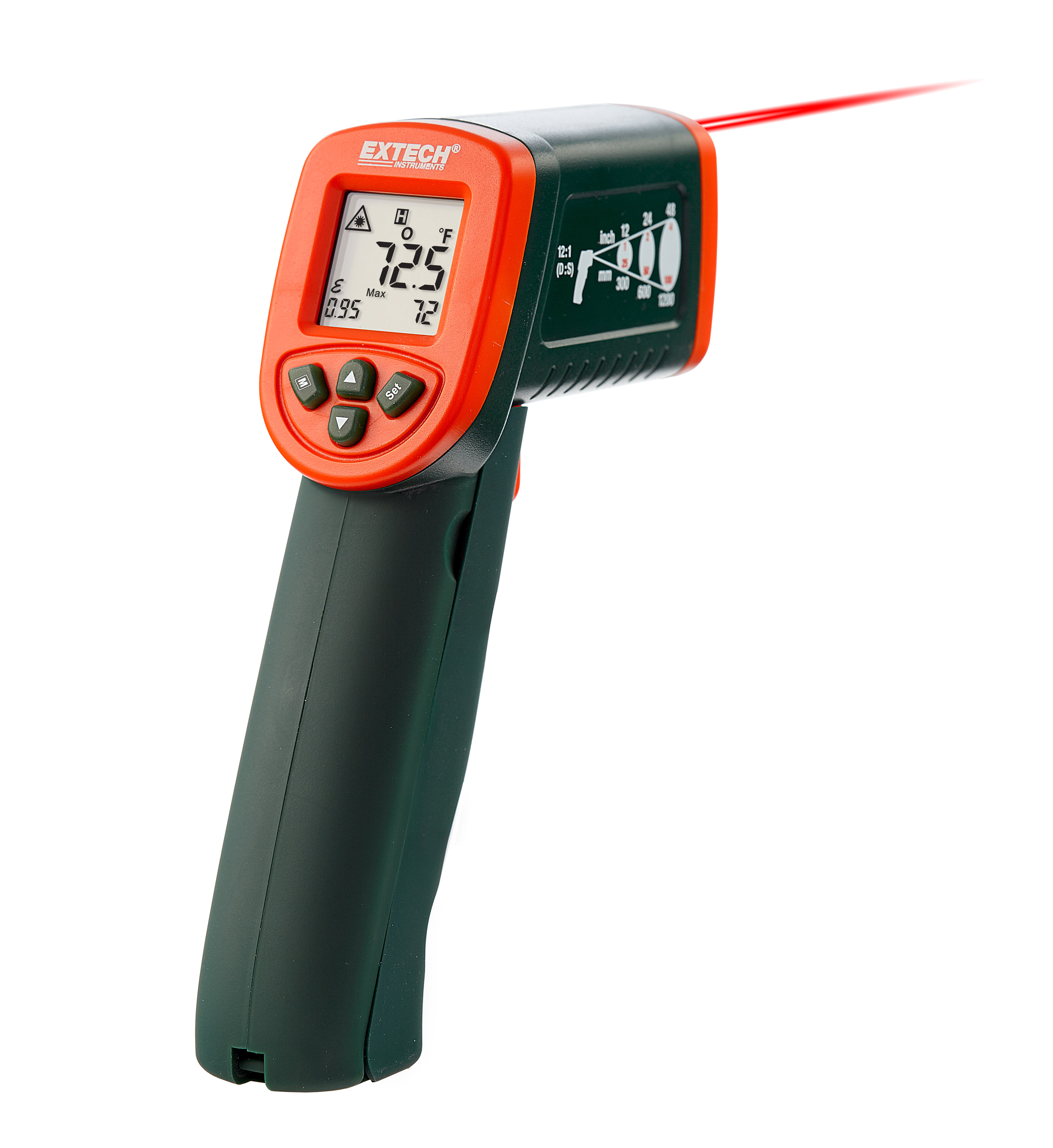 Extech IR267 Compact Handheld Mini Infrared Thermometer With Laser Pointer, -58 to 1112 deg F, -50 to 600 deg C IR, -58 to 1832 deg F,-50 to 1000 deg C Type K Thermocouple, +/-2% Reading or +/- 4 deg F/2 deg C Accuracy, 12:1 Focus Spot, 0.05 to 1