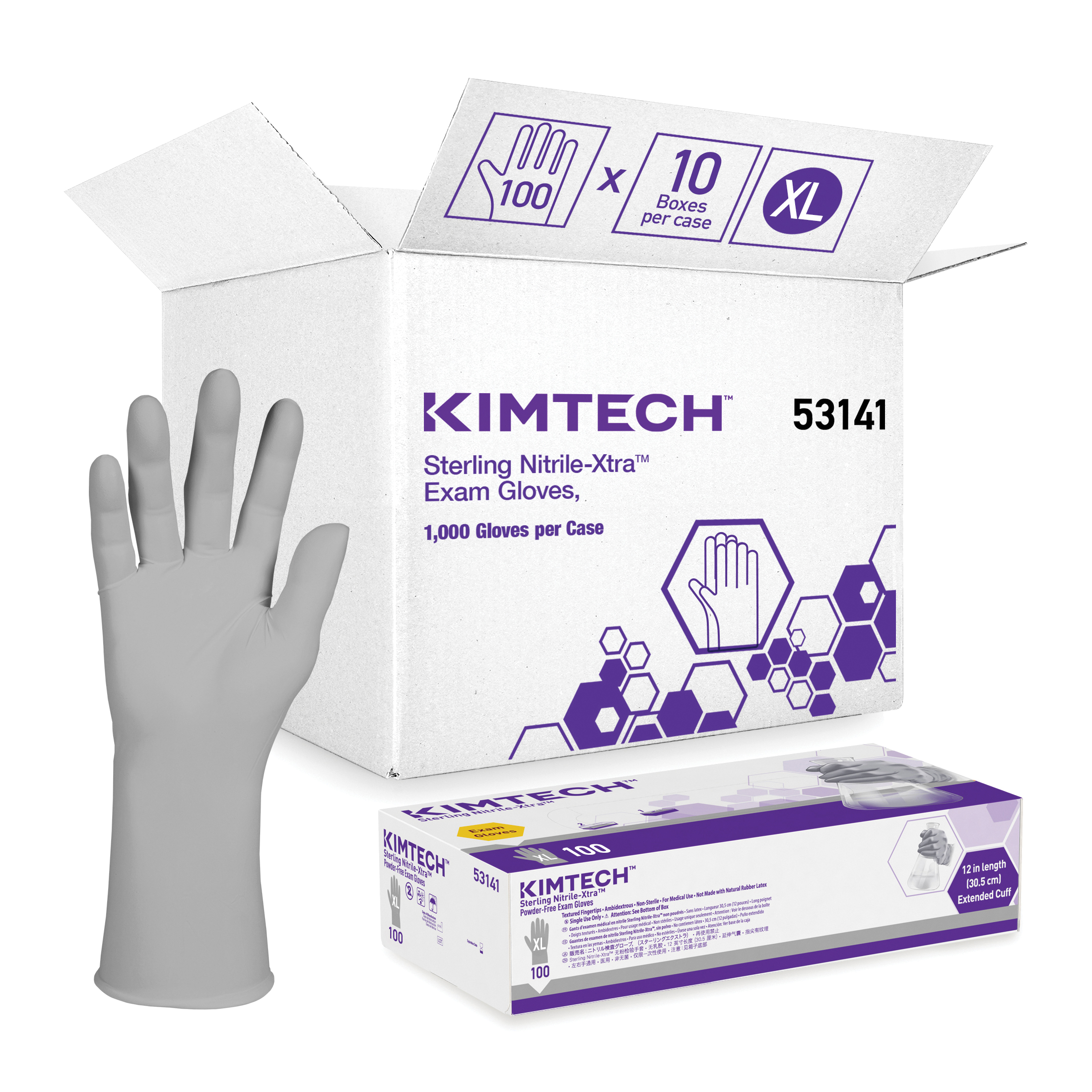 Kimtech* 53141 STERLING Disposable Gloves, XL, Nitrile, Gray, 12 in L, Non-Powdered, Textured, 3.5 mil THK, Application Type: Exam/Medical Grade, Ambidextrous Hand