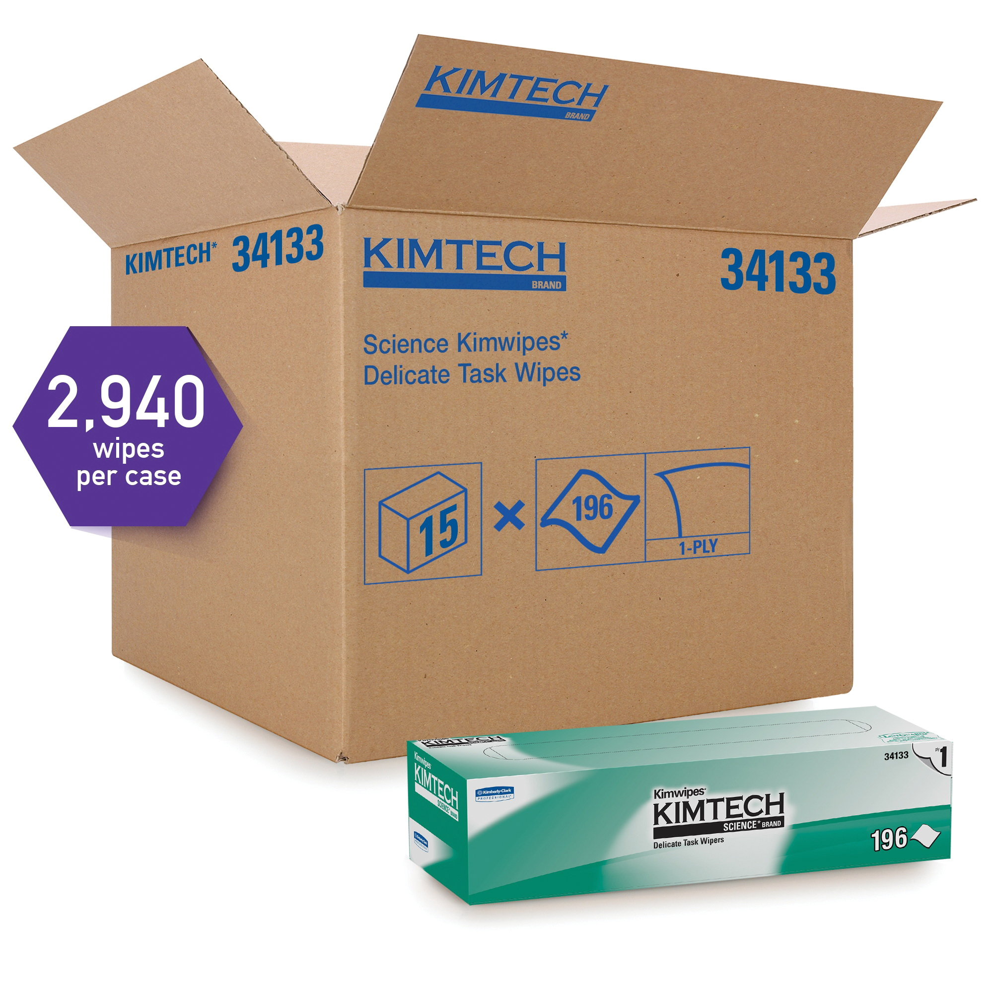 Kimtech* Kimwipes* 34133 Delicate Task Wiper, 11.8 in W, 196 Wipes Capacity, Tissue, White