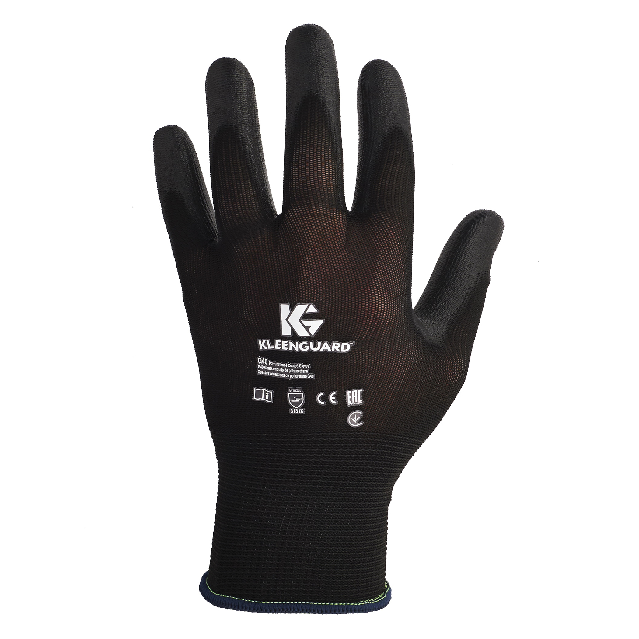 KleenGuard 13838 G40 Thin Mil General Purpose Gloves, Coated, M/SZ 8, Polyurethane Palm, Nylon, Black, Knit Wrist Cuff, Polyurethane Coating, Resists: Abrasion, Cut, Puncture and Tear, Unlined Lining, Seamless