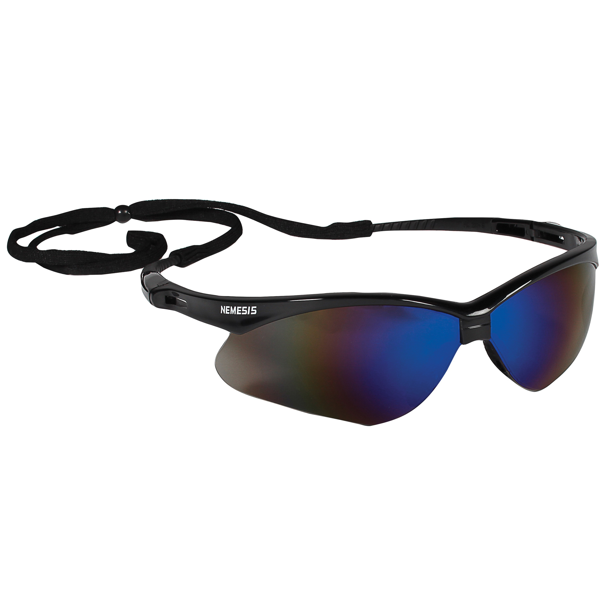 KleenGuard 14481 V30 Nemesis Lightweight Safety Glasses With Neck Cord, Anti-Scratch, Blue Mirror Lens, Wrap Around Frame, Black, Nylon Frame, Polycarbonate Lens, ANSI Z87.1-2010, CSA Certified