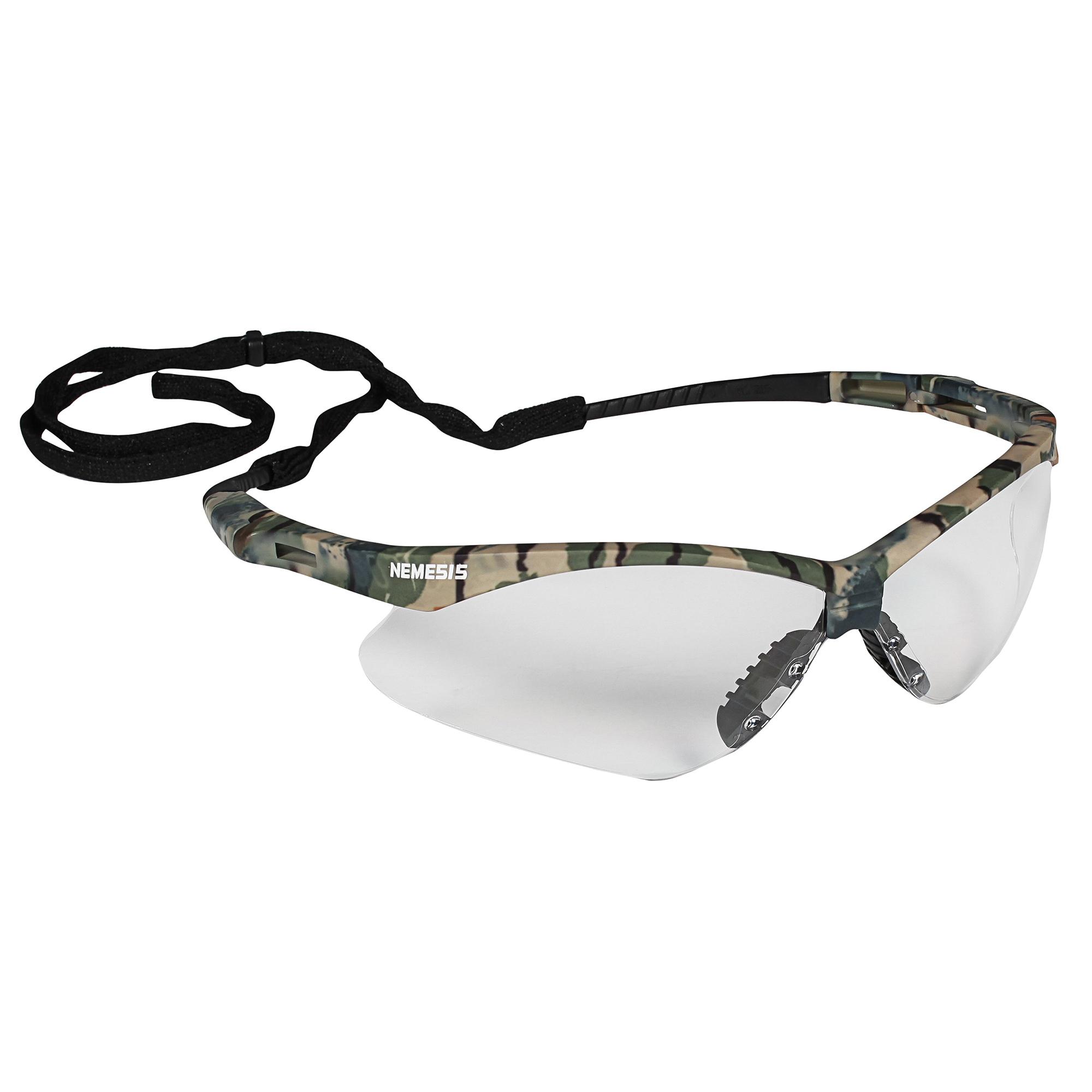 KleenGuard 22608 V30 Nemesis Lightweight Safety Glasses With Neck Cord, Anti-Fog, Clear Lens, Wrap Around Frame, Camouflage, Nylon Frame, Polycarbonate Lens, ANSI Z87.1-2010, CSA Certified