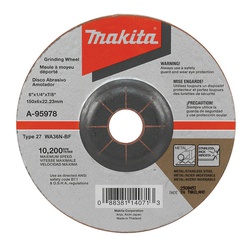 Makita A-95978-25 Flat Heavy Duty Non-Hubbed Depressed Center Grinding Wheel, 6 in Dia x 1/4 in THK, 7/8 in Center Hole, WA36N-BF Grit, Aluminum Oxide Abrasive