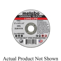 metabo 616321000 Original Slicer Long Life Type 1 Straight Tough Cut-Off Wheel, 3 in Dia x 1/8 in THK, 3/8 in Center Hole, 30 Grit, Aluminum Oxide Abrasive