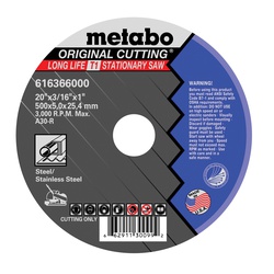 metabo 616366000 Original Long Life Heavy Duty Cut-Off Wheel, 20 in Dia x 3/16 in THK, 1 in Center Hole, 30 Grit, Aluminum Oxide Abrasive