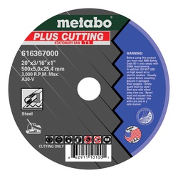 metabo 616367000 Plus Type 1 Straight Cut-Off Wheel, 20 in Dia x 3/16 in THK, 1 in Center Hole, 30 Grit, Aluminum Oxide Abrasive