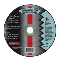 metabo 616502420 Combinator Contaminant-Free Depressed Center Wheel, 6 in Dia x 5/64 in THK, 7/8 in Center Hole, A46U Grit, Aluminum Oxide Abrasive