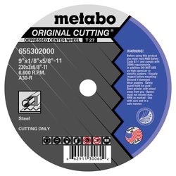 metabo 655302000 Original Cutting General Purpose Depressed Center Wheel With Hub, 9 in Dia x 1/8 in THK, A30R Grit, Aluminum Oxide Abrasive