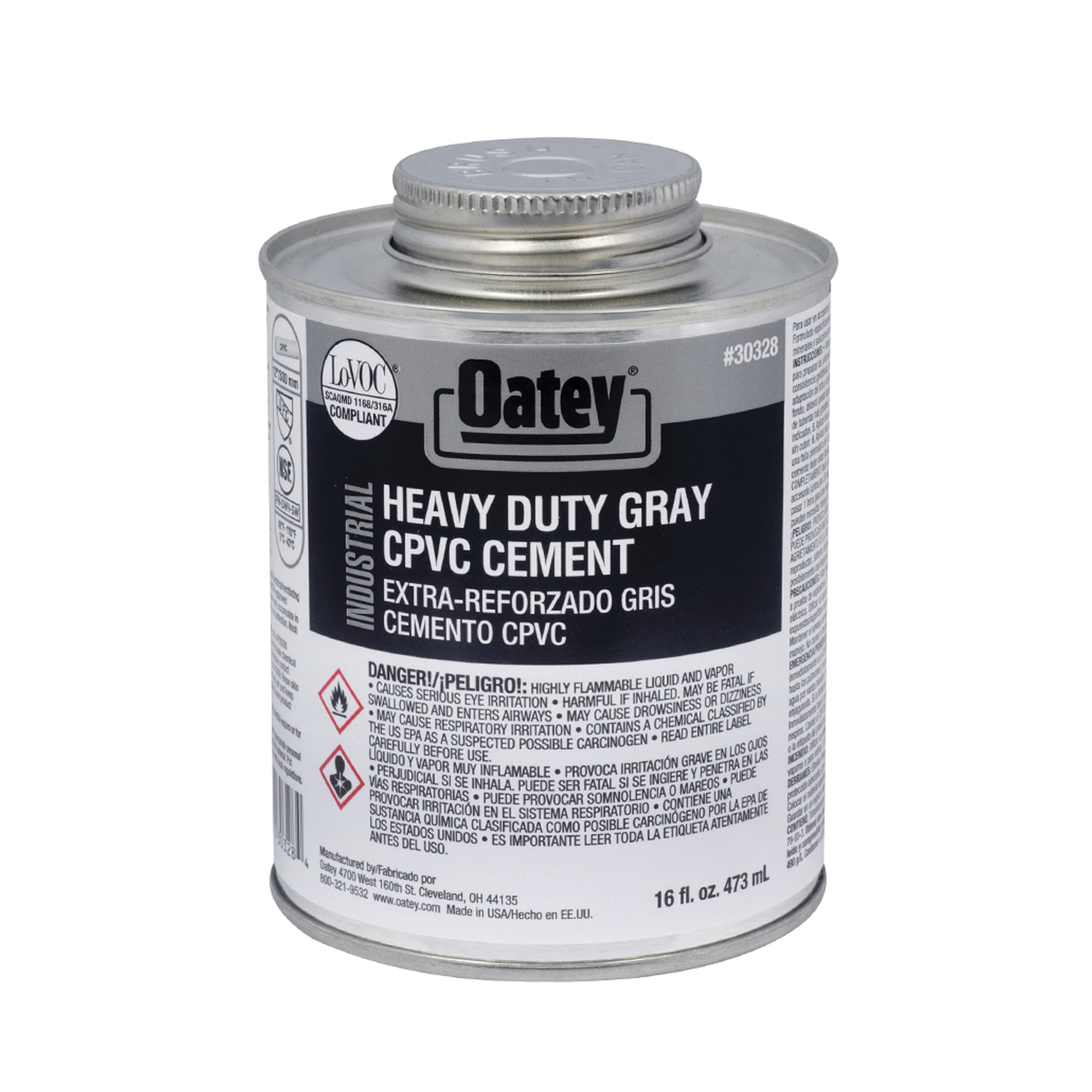 Oatey 30328 Heavy Duty Industrial CPVC Cement, 16 oz Container, Gray, For Use With All Classes and Schedules of PVC, CPVC Pipe and Fittings Upto 12 in Dia with Interference Fit