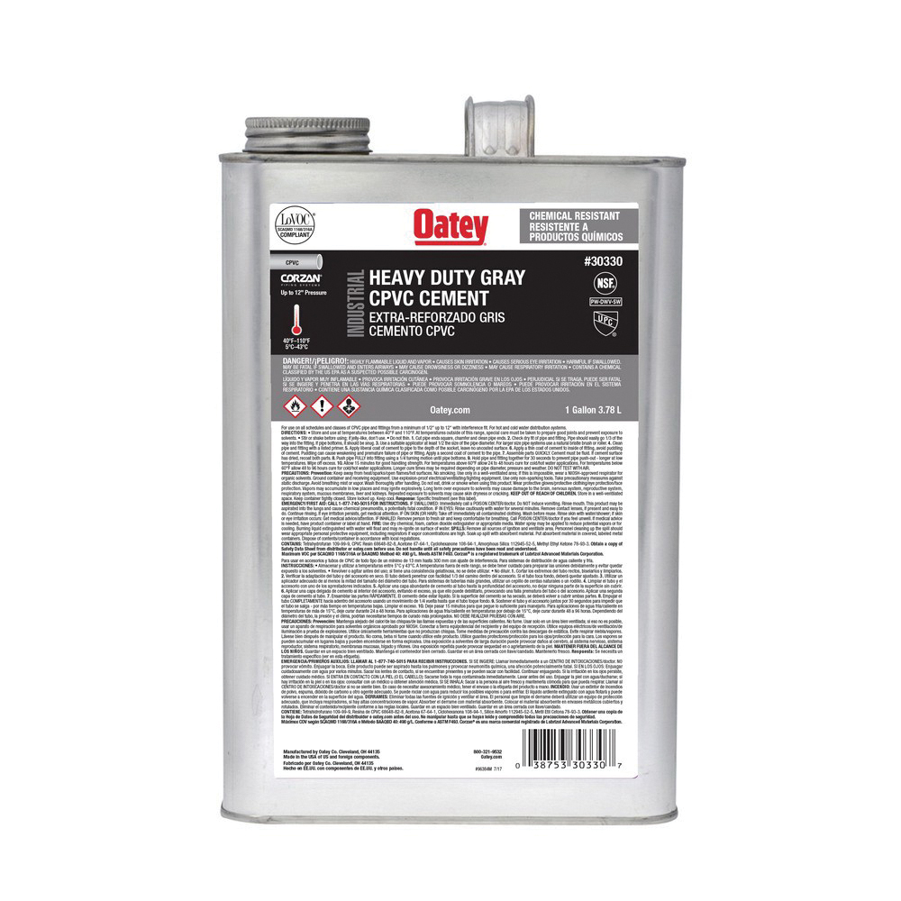 Oatey 30330 EP42 Heavy Duty Industrial Low VOC CPVC Solvent Cement, 1 gal Container, Gray, For Use With All Classes and Schedules of SCH 40/STD, SCH 80/XH CPVC and PVC Pipe Fittings Upto 12 in Dia with Interference Fit