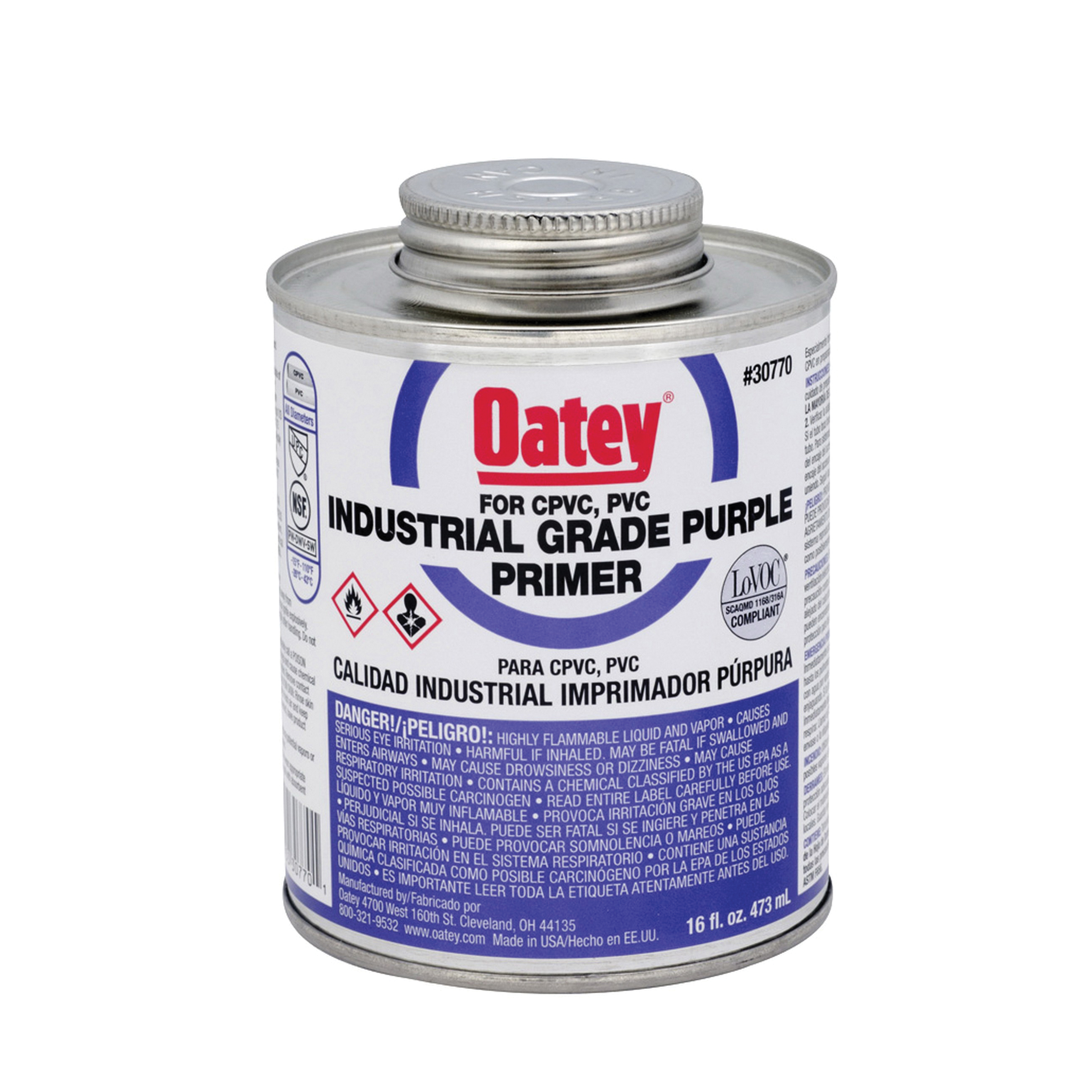 Oatey 30770 Industrial Grade Low VOC Primer, For Use With PVC and CPVC Pipe and Fittings, Purple, 16 oz Container