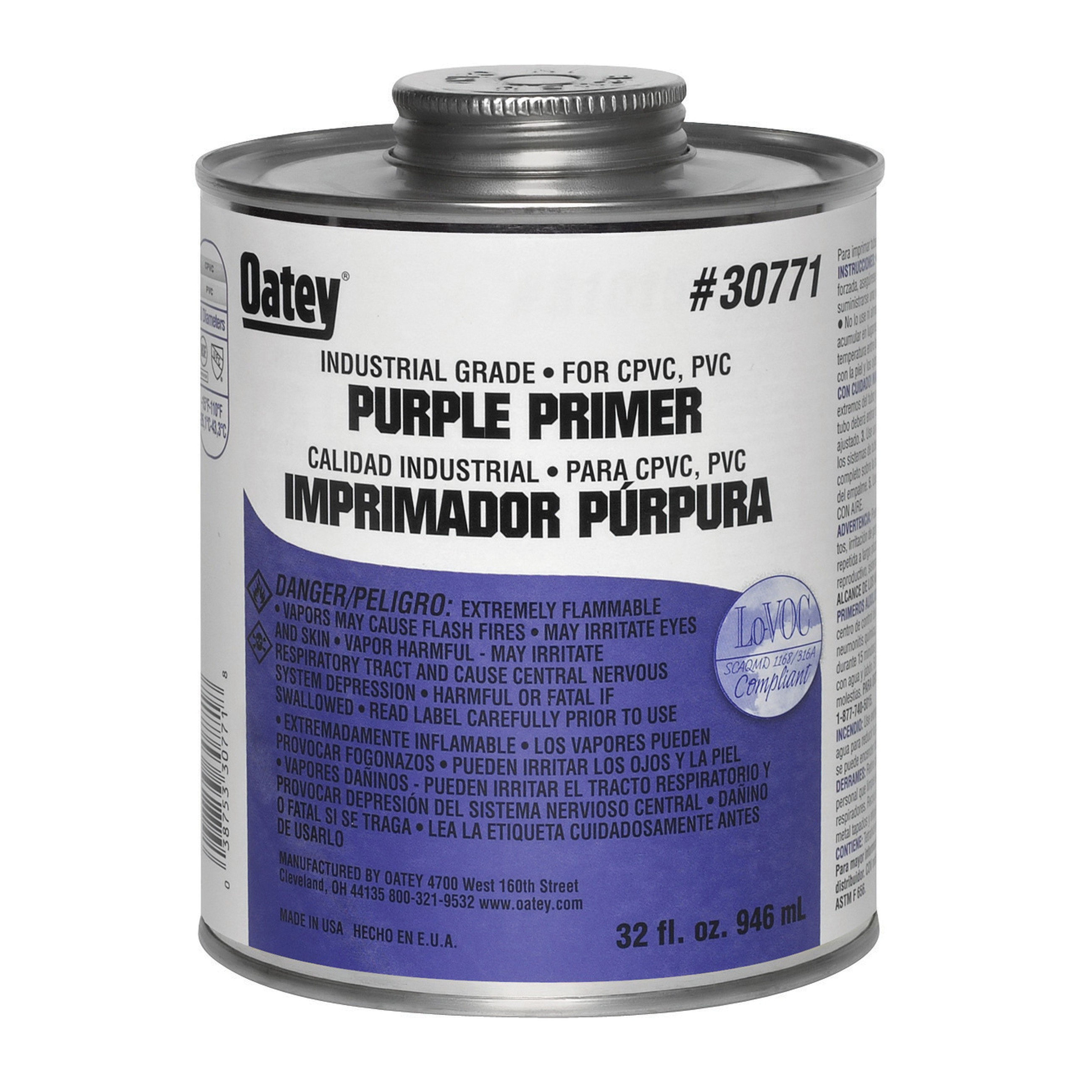 Oatey 30771 Industrial Grade Primer, For Use With PVC and CPVC Pipe and Fittings, Purple, 32 oz Container