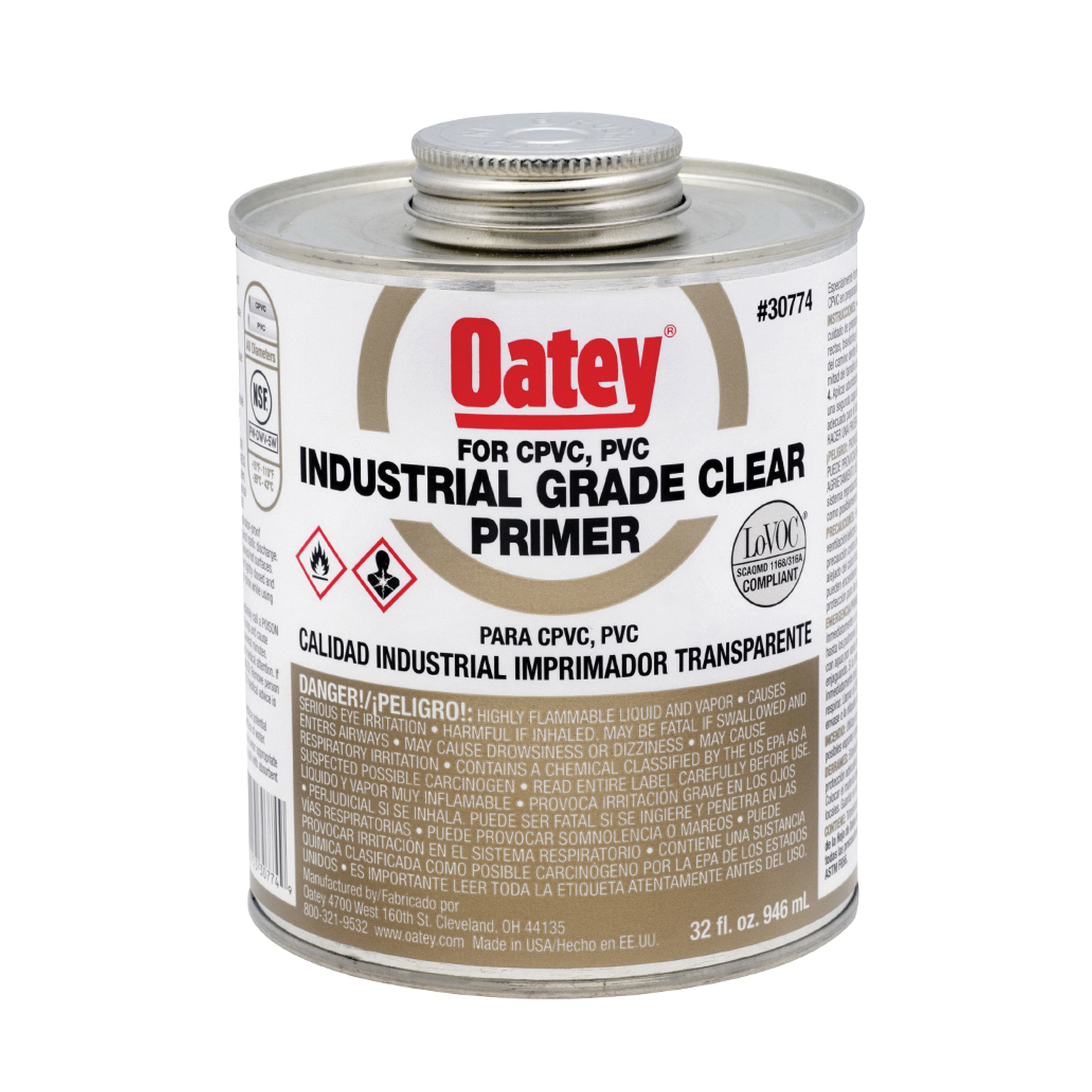 Oatey 30774 Industrial Grade Primer, For Use With PVC and CPVC Pipe and Fittings, Clear, 32 oz Container