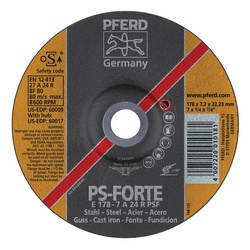 PFERD 60009 PSF Type 27 Grinding Wheel, 7 in Dia x 1/4 in THK, 7/8 in Center Hole, A24R Grit, Aluminum Oxide Abrasive