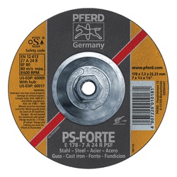 PFERD 60017 PSF Type 27 Grinding Wheel, 7 in Dia x 1/4 in THK, A24R Grit, Aluminum Oxide Abrasive