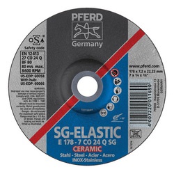 PFERD 60058 SG Series Type 27 Grinding Wheel, 7 in Dia x 1/4 in THK, 7/8 in Center Hole, A24Q Grit, Ceramic Oxide Abrasive