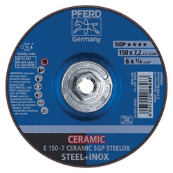 PFERD 60065 Special Line SGP Depressed Center Grinding Wheel, 6 in Dia x 1/4 in THK, CO24Q Grit, Ceramic Oxide Abrasive
