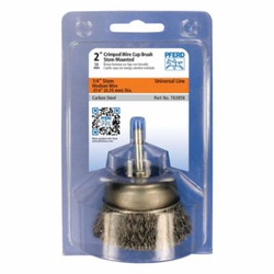 PFERD 763858 Universal Line PS-FORTE Stem Mounted Cup Brush, 2 in Dia Brush, 0.014 in Dia Filament/Wire, Crimped, Carbon Steel Fill