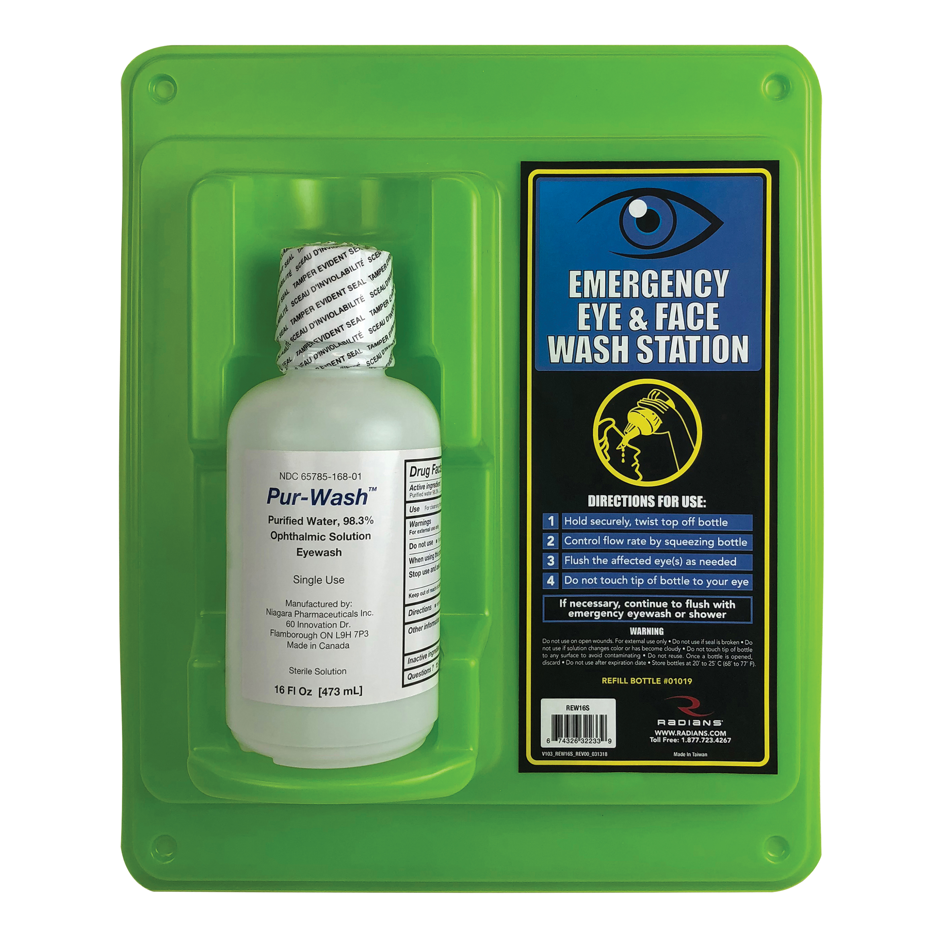 Radians® REW16S Single Personal Eyewash Station, 16 oz Bottle, Wall Mount