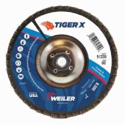 Tiger X 51223 Standard Density Coated Abrasive Flap Disc, 4-1/2 in Dia Disc, 7/8 in Center Hole, 40 Grit, Coarse Grade, Zirconia Alumina/Ceramic Alumina Abrasive, Type 27/Flat Disc