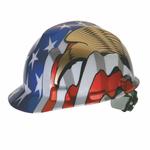 V-Gard 10052947 Hard Hat, SZ 6-1/2 Fits Mini Hat, SZ 8 Fits Max Hat, Polyethylene, 4-Point Fas-Trac III Suspension, ANSI Electrical Class Rating: Class E, ANSI Impact Rating: Type I, American Flag with 2 Eagles Graphics, Ratchet Adjustment