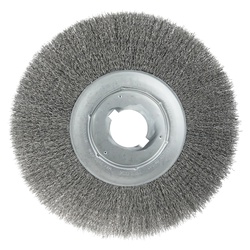 Weiler 01320-14 Narrow Face Wheel Brush, 12 in Dia Brush, 3/4 in W Face, 0.014 in Dia Crimped Filament/Wire, 2 in Arbor Hole