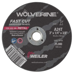 Wolverine 56064 Value Line Snagging Wheel, 3 in Dia Max, 1/4 in THK, Type 1 Shape