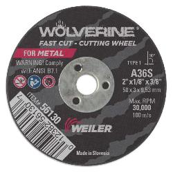 Wolverine 56130 Flat Fast Cut Cutting Wheel, 2 in Dia x 1/8 in THK, 3/8 in Center Hole, 36 Grit, Aluminum Oxide Abrasive