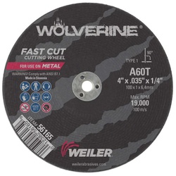 Wolverine 56165 Flat Fast Cut Cutting Wheel, 4 in Dia x 0.035 in THK, 1/4 in Center Hole, 60 Grit, Aluminum Oxide Abrasive